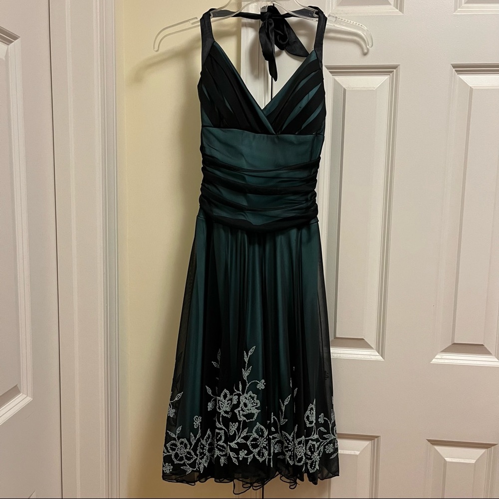 Trixxi Halter Dress- Black+Teal w/ Floral Beading, sz S